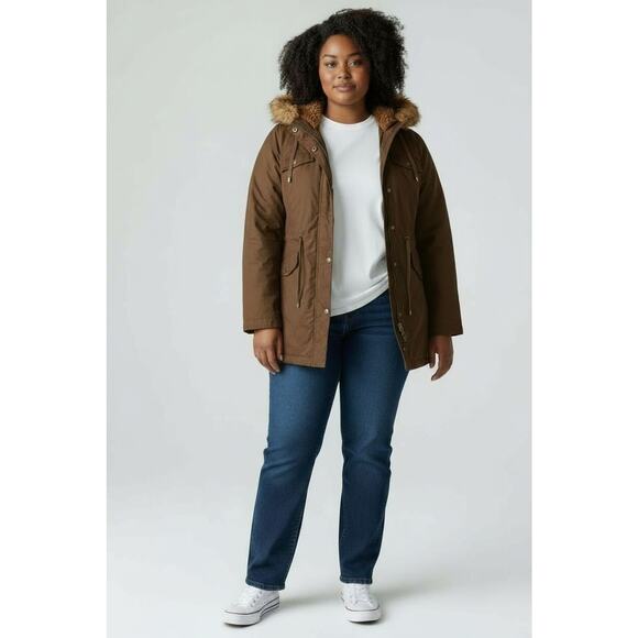 Old Navy Parka L Brown Coat Fur Trim Hood Warm Lined Winter Jacket Gorp Preppy - Picture 4 of 16